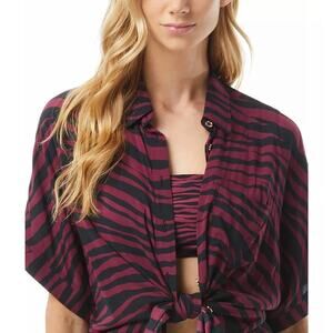 Michael Kors Cruise Swimsuit Coverup Top-Knot Tie-Stripe- Red-Black-Women Large